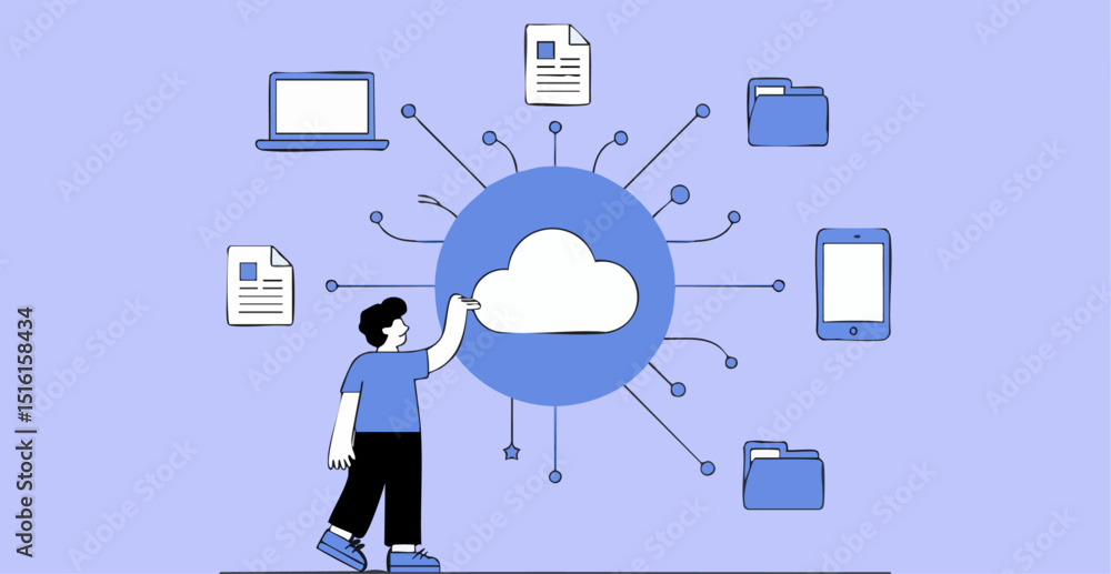 Poster line art man interacting with cloud computing network , data storage management and online services
