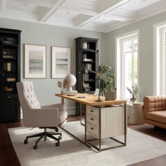 Elegant home office with a spacious desk, ergonomic chair, and neutral-toned decor for comfort.