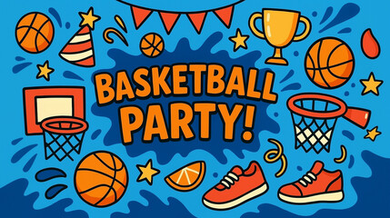 Basketball party celebration poster design showcasing sports enthusiasm, dynamic energy, team spirit, festive atmosphere, and vibrant graphics for fans and players