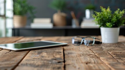 A modern and aesthetically pleasing workspace featuring a tablet and glasses on a rustic wooden table, surrounded by lush plants that create an inviting atmosphere to boost productivity.