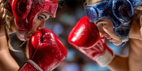 Two pro female boxer facing each other ready to fight inside ring.