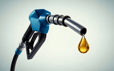 close up of blue fuel pump nozzle with chrome tip and suspended golden gasoline droplet on white background