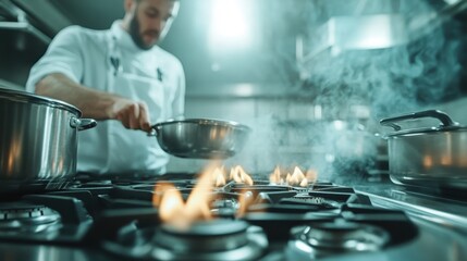 A chef skillfully cooks on a gas stove, with flames rising, showcasing culinary craftsmanship and the vibrant energy of the kitchen during food preparation and creativity.