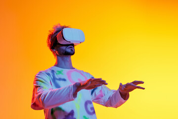 Engaging in the virtual realm, a young man experiences immersive technology joyfully