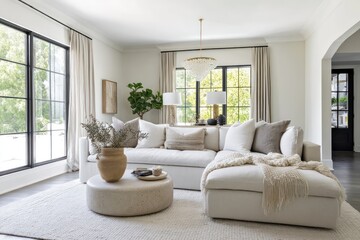 Elegant living room with a sectional sofa, neutral tones, and minimalist design for serenity.