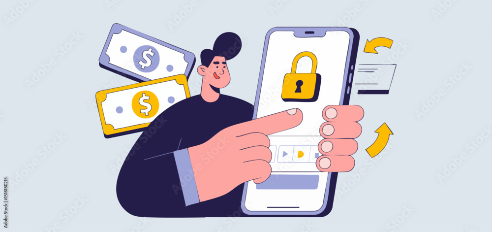 Poster flat vector illustration of a man using a smartphone with a secure banking app interface and a padlo