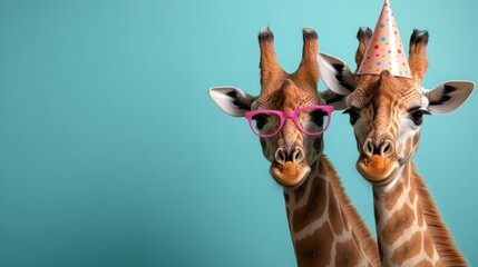 A fun and whimsical image showcasing two giraffes wearing colorful birthday hats and pink glasses, bringing a cheerful vibe perfect for celebrations and playful themes.