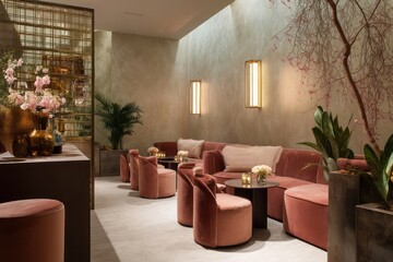 Chic lounge area with velvet seating, soft lighting, and contemporary accents for a relaxed space.