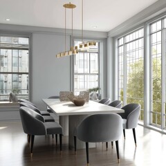 Elegant dining room featuring a sleek table, modern chairs, and a clean minimalist chandelier.