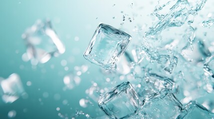 A dynamic and captivating image featuring ice cubes splashing into water, highlighting the freshness and playfulness associated with beverages and cool drinks.