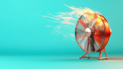 A vintage-style fan spinning against a bright turquoise background showcases the beauty of retro design and the functionality of home decor.