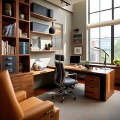 Functional office with sleek furniture, ergonomic chair, and well-organized storage for focus.