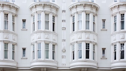 Beautifully designed row of bay windows on a white building facade, adding charm to the structure.