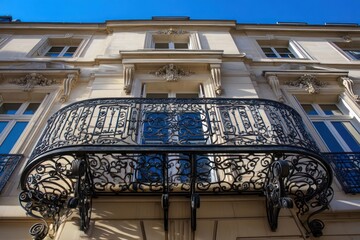 Luxurious facade with an elegant wrought iron balcony and windows reflecting a clear blue sky.