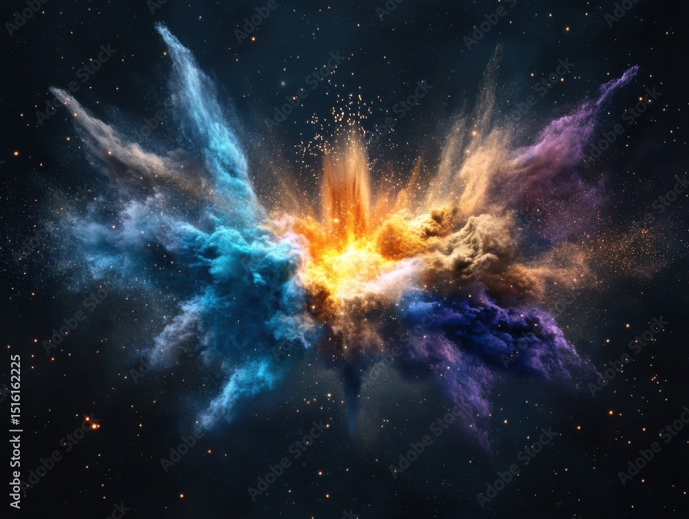 Poster cosmic explosion art digital universe visual creation abstract space wide angle celestial phenomena