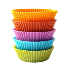Colorful stack of silicone baking cups in various shades perfect for desserts and snacks transparent background, cutout PNG