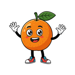 A flat vector cartoon orange fruit character with big eyes, white gloves, and sneakers, waving happily