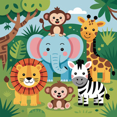Naklejka premium Cartoon illustration of cute safari animals including a lion elephant giraffe zebra and monkeys in a lush green jungle setting