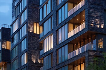 Stunning modern apartment building with a detailed brick and glass facade at sunset.