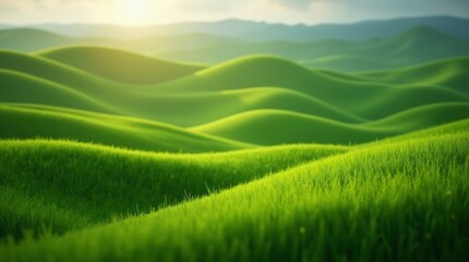 Fototapeta premium A vibrant summer landscape with a green field and blue sky, dotted with clouds and distant hills, captures the essence of nature's beautyA vibrant summer landscape with a green field and blue sky, dot