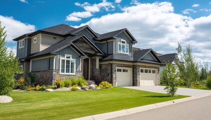 Freshly constructed luxury home with sunlight and green grass surrounding the exterior.