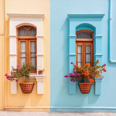 A colorful facade adorned with elegant windows and planters, blending into an urban wall.