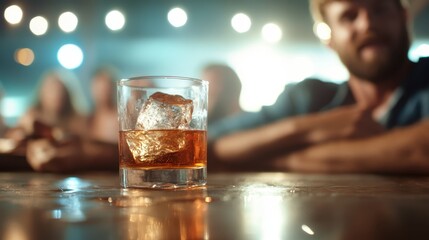 A stylish image featuring a glass of whiskey filled with ice cubes, set in a lively bar environment, capturing the essence of social gatherings and refined indulgence.