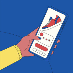 Woman uses smartphone app to browse and rate shoes online, enjoying convenient mobile shopping experience