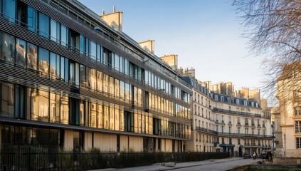 Morning light highlighting the contrast between a sleek modern building and Parisian architecture.