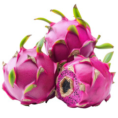Bright pink dragon fruit with green tips showcasing its vibrant exterior and rich texture cutout PNG