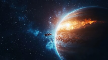Fototapeta premium Exploring the cosmos spaceship voyage near jupiter digital art sci-fi environment wide-angle view