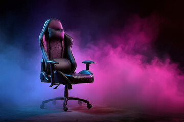 A black gaming chair sits on a dark background, illuminated by a pink and violet neon light with smoke