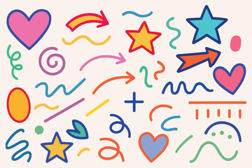 Obraz premium Colorful doodle illustration featuring hearts stars arrows and various abstract shapes on light background