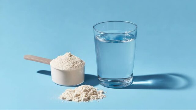 Metallic measuring scoop filled with white whey protein powder near water glass, presenting sports nutrition product against vibrant blue background