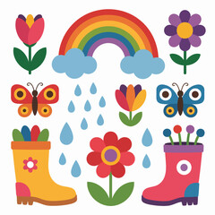 Colorful spring elements illustration featuring rainbow tulips flowers butterflies rain drops and rain boots perfect for cheerful designs