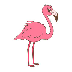 cute hand drawn cartoon character pink flamingo vector illustration isolated on white background