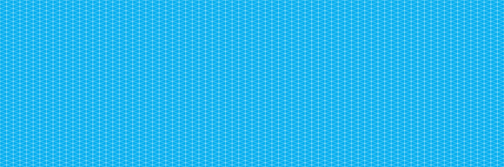 Isometric grid bg with oblique lines and triangles as a seamless pattern. White triangular mesh on blue background. Blueprint orthographic texture. Graph paper template