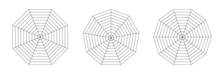 Kiviat blank spider radar diagram with eight, nine and ten segments. Octagon, Nonagon and Decagon diagram sample. Analysis template. Vector illustration