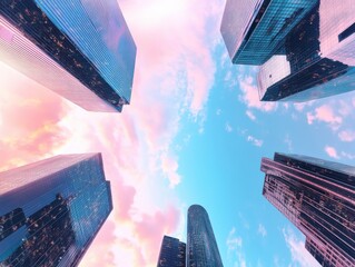Skyward view of modern city skyscrapers at sunset urban landscape architectural photography aesthetic perspective
