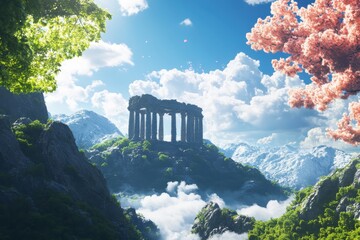 Majestic ancient ruins surrounded by lush nature mountainous landscape serene sky inspirational view fantasy concept