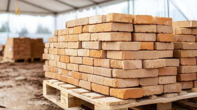 Freshly manufactured red bricks neatly stacked and packaged on wooden pallet, ready for construction project at industrial building site