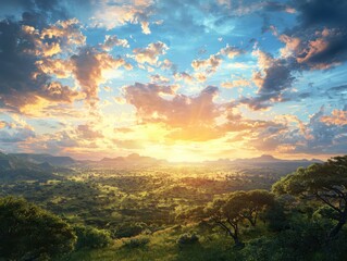 Breathtaking sunset over lush landscape nature scene peaceful environment panoramic view tranquility