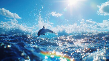 Dolphin leaping over waves ocean wildlife action shot bright day underwater perspective natural habitat
