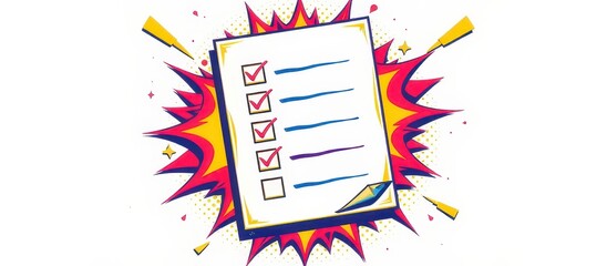 List memorizing concept. Checklist with comic-style explosion background and checked items.