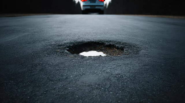 Powerful white pickup traversing bumpy rural highway, jolting through deep asphalt crater during challenging road conditions