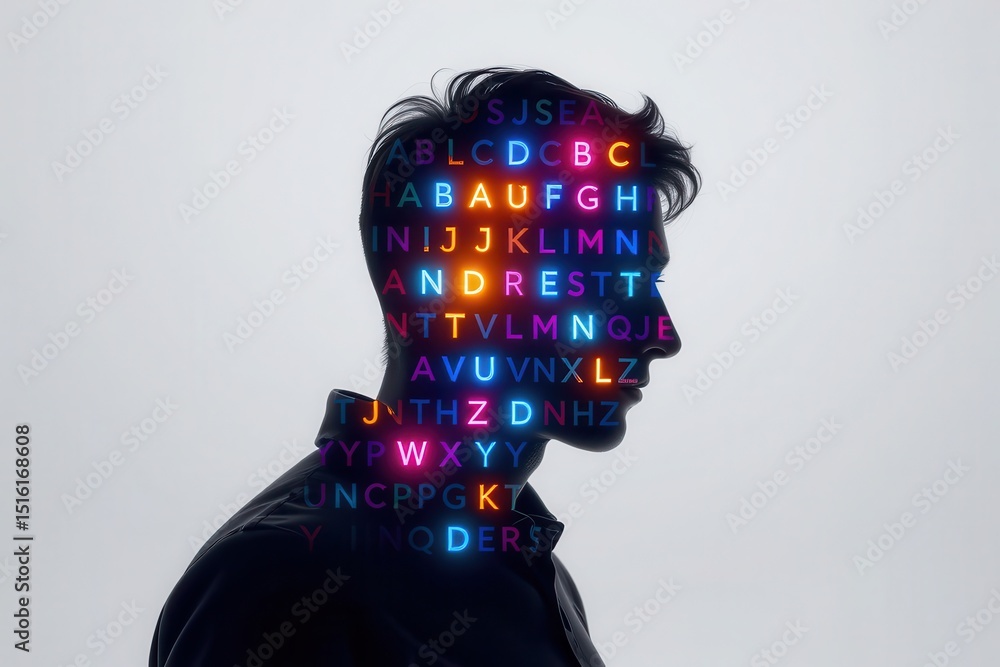 Poster list memorizing concept. silhouette with vibrant letters forming abstract patterns.
