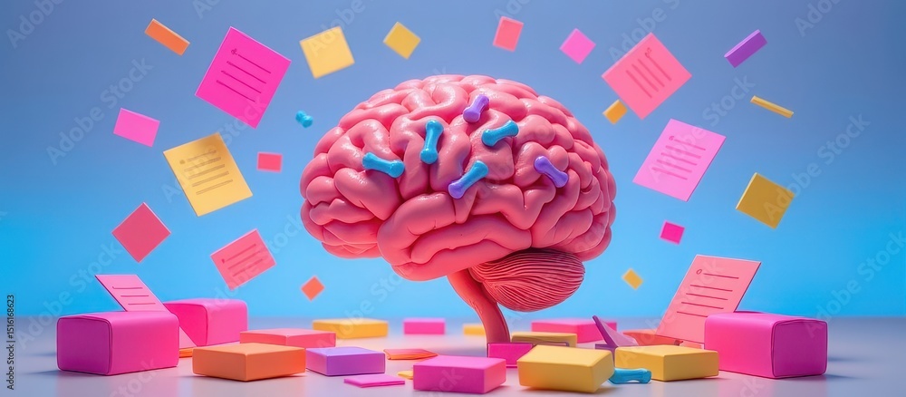 Poster list memorizing concept. brain surrounded by colorful sticky notes and blocks, symbolizing ideas.