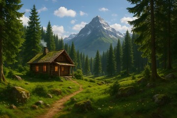 Wooden Cabin in the Mountains with Scenic Forest View
