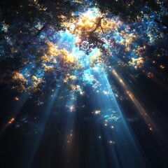 Dramatic light rays breaking through canopy enchanted forest nature photography ethereal environment low angle serenity