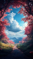 Serene hiking trail surrounded by cherry blossom trees mountain view digital art daytime scenic nature concept